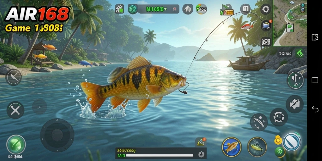 Screenshot aksi memancing di AIR168 menampilkan momen menangkap ikan besar.