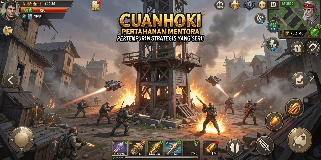 Tampilan menara dan musuh dalam pertempuran Tower Defense di CUANHOKI.