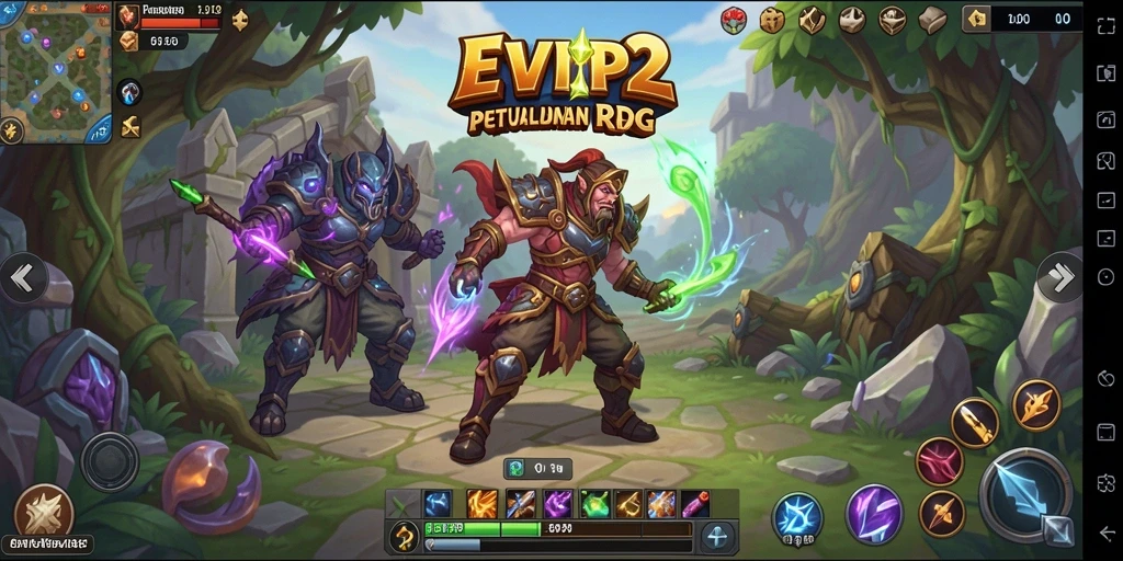 Screenshot EVIP2 menampilkan pertempuran epik dalam dunia RPG yang luas.