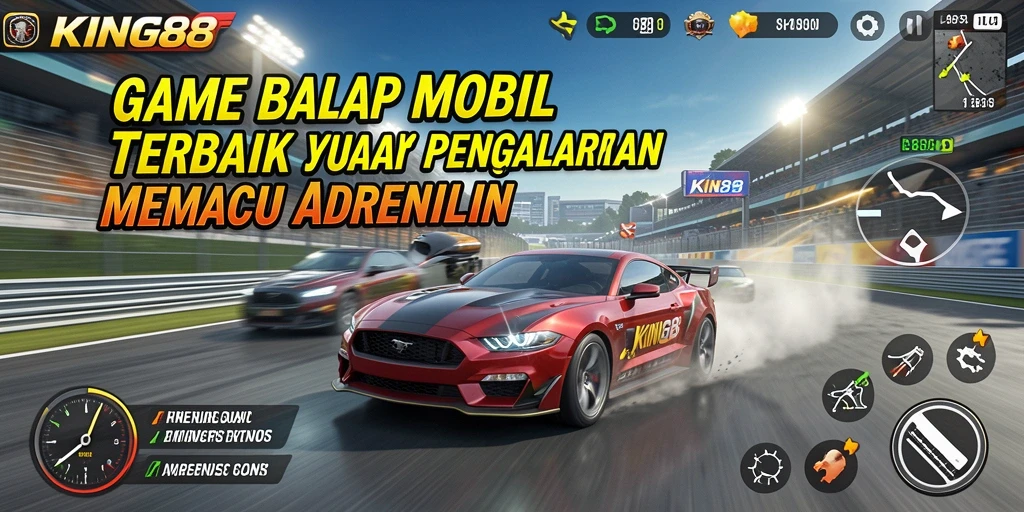 Screenshot utama KING88 menampilkan aksi balap mobil yang seru dan mendebarkan.