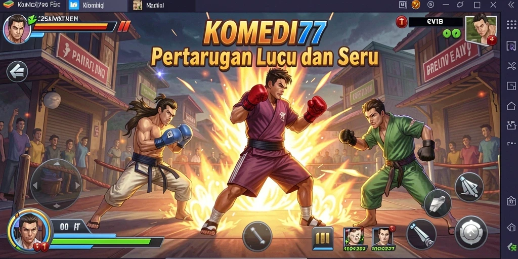 Screenshot gameplay KOMEDI77 yang menunjukkan pertarungan seru dan lucu.