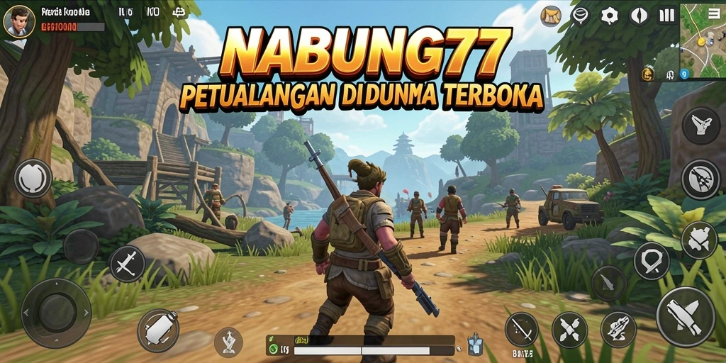 Screenshot gameplay NABUNG77 menampilkan petualangan di dunia terbuka yang luas.