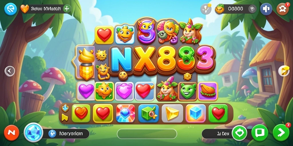 Screenshot menunjukkan gameplay seru di NX888 dengan kombinasi elemen Match-3.