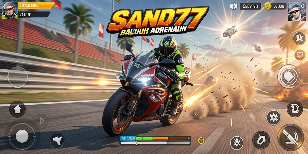 Screenshot utama SAND77 menampilkan aksi balapan motor yang mendebarkan.