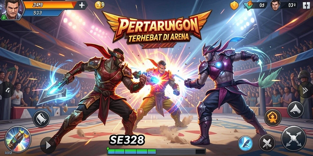 Tangkapan layar utama SE328 menampilkan pertarungan epik dengan karakter yang memukau.