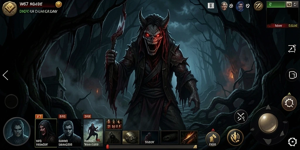 Screenshot gameplay W67 menunjukkan suasana mencekam yang menakutkan.
